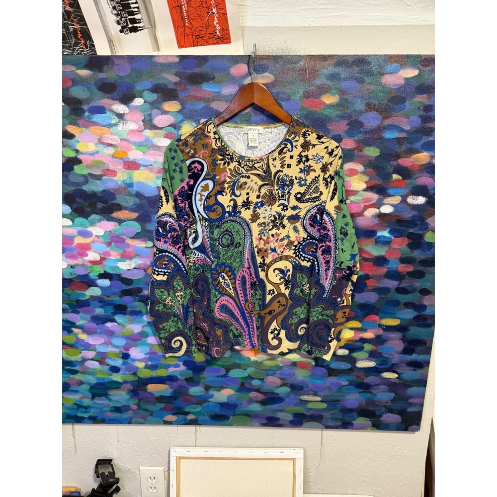Orvis Womens Small Paisley Floral Long Sleeve Cotton Crew Neck Top Multi-Color